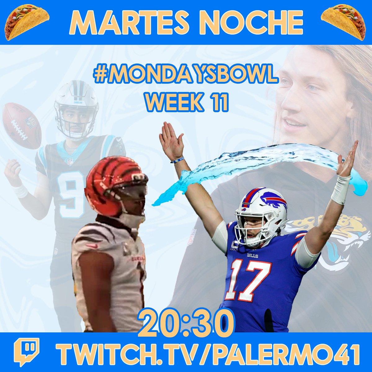 DIRECTO DE HOY

🏈Nuevo <a href="/mondaysbowl/">Mondays Bowl</a> con lo mejor de la  Semana 11 en la #NFL
🎙️Vienen <a href="/yankeealvaro/">Álvaro Fraile</a> como una locomotora y <a href="/numbertwenty/">Marcelo Torres</a> en una semana "feliz" para el dinosaurio.

👉🏽 Resumen, previa, fantasy, conspiranoia y más.

⏰Empezamos a las 20:30 en twitch.tv/Palermo41