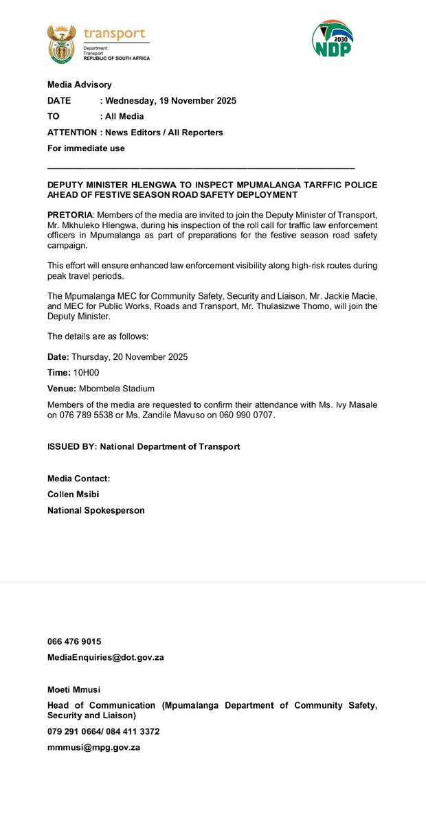 Dotransport's tweet image. DEPUTY MINISTER HLENGWA TO INSPECT MPUMALANGA TRAFFIC POLICE AHEAD OF FESTIVE SEASON ROAD SAFETY DEPLOYMENT

Deputy Minister @MkhulekoHlengwa will inspect roll call for traffic law enforcement officers in Mpumalanga as part of preparations for the festive season campaign