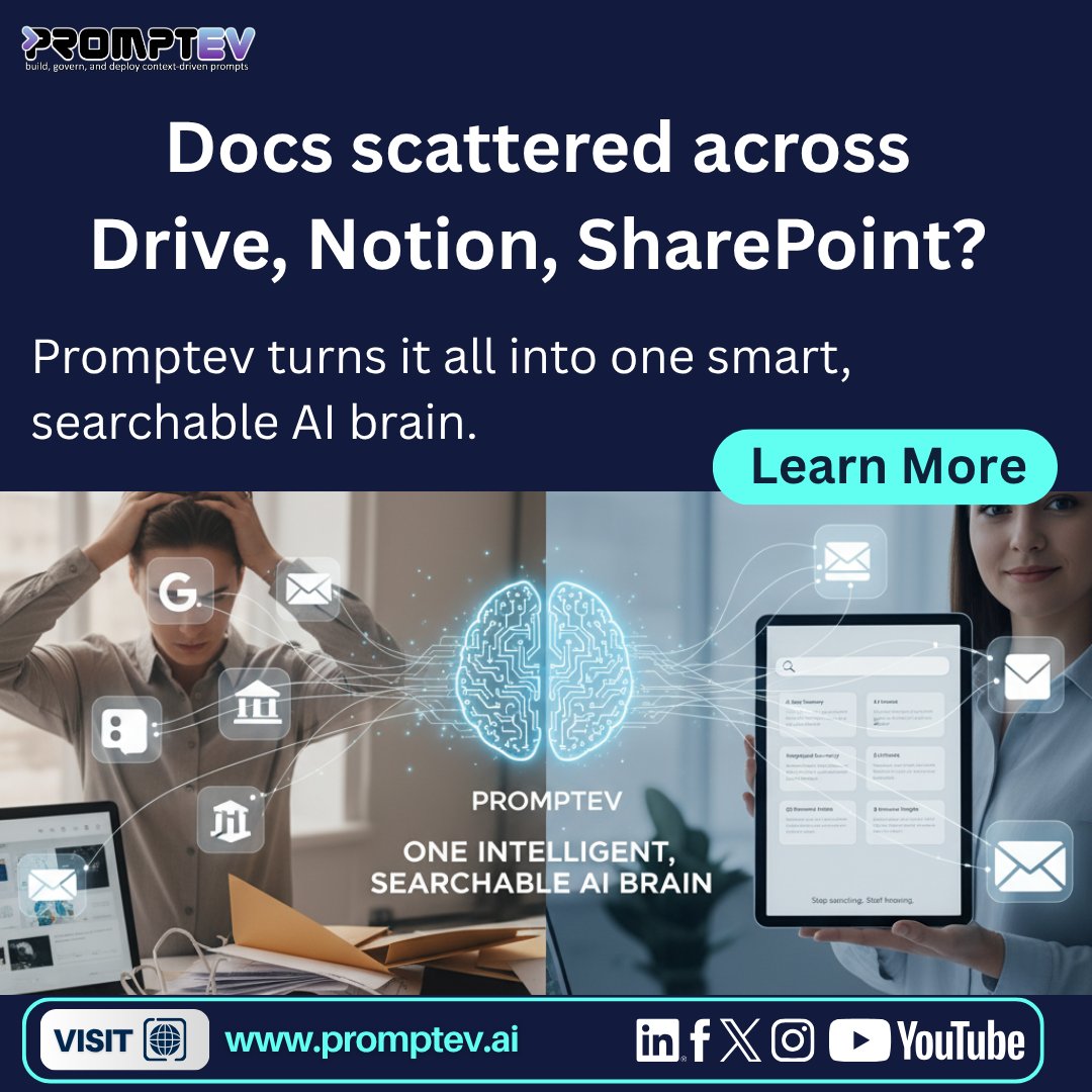promptevai's tweet image. Your team isn’t slow. Your knowledge is scattered. Docs in Drive, Notion, SharePoint, email… all over the place. Promptev turns everything into one intelligent, searchable AI brain. Stop searching. Start knowing.

#Promptev #AI #SaaS #ContextEngineering #Productivity #RAG