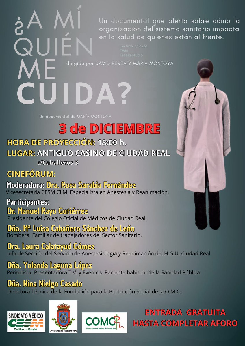 cesmclm's tweet image. 📣 ¿A mí quién me cuida?
3diciembre, a las 18:00h, proyectamos en Antiguo Casino de #CiudadReal el documental que pone voz al impacto del sistema sanitario en quienes lo sostienen cada día.
💚 Invitamos a toda la ciudadanía a acompañarnos #CLM @ColegioMedCReal
@AYTO_CIUDADREAL