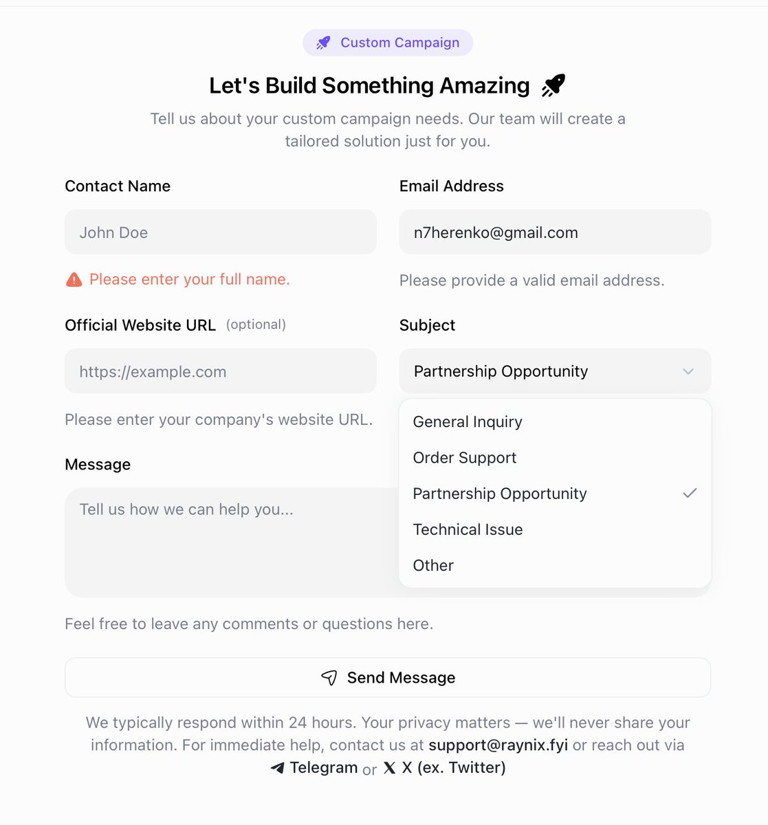 N7herenko's tweet image. 📮 custom campaign contact form

real-time validation with helpful hints
auto-focus on first invalid field
subject dropdown for better message routing
clear distinction: required vs optional

good forms guide users without getting in their way.

#UIDesign #UX #FormDesign