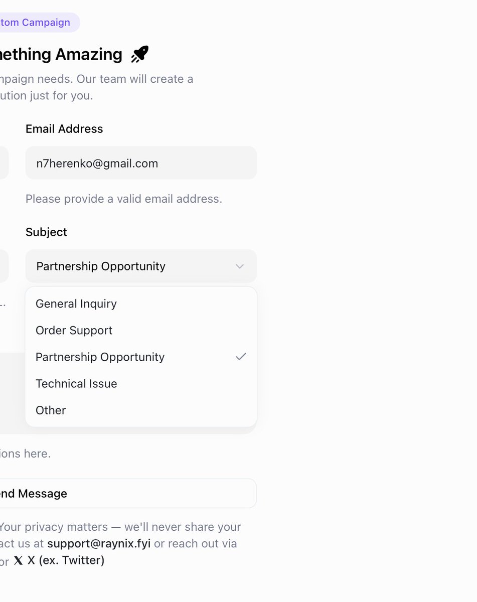 N7herenko's tweet image. 📮 custom campaign contact form

real-time validation with helpful hints
auto-focus on first invalid field
subject dropdown for better message routing
clear distinction: required vs optional

good forms guide users without getting in their way.

#UIDesign #UX #FormDesign