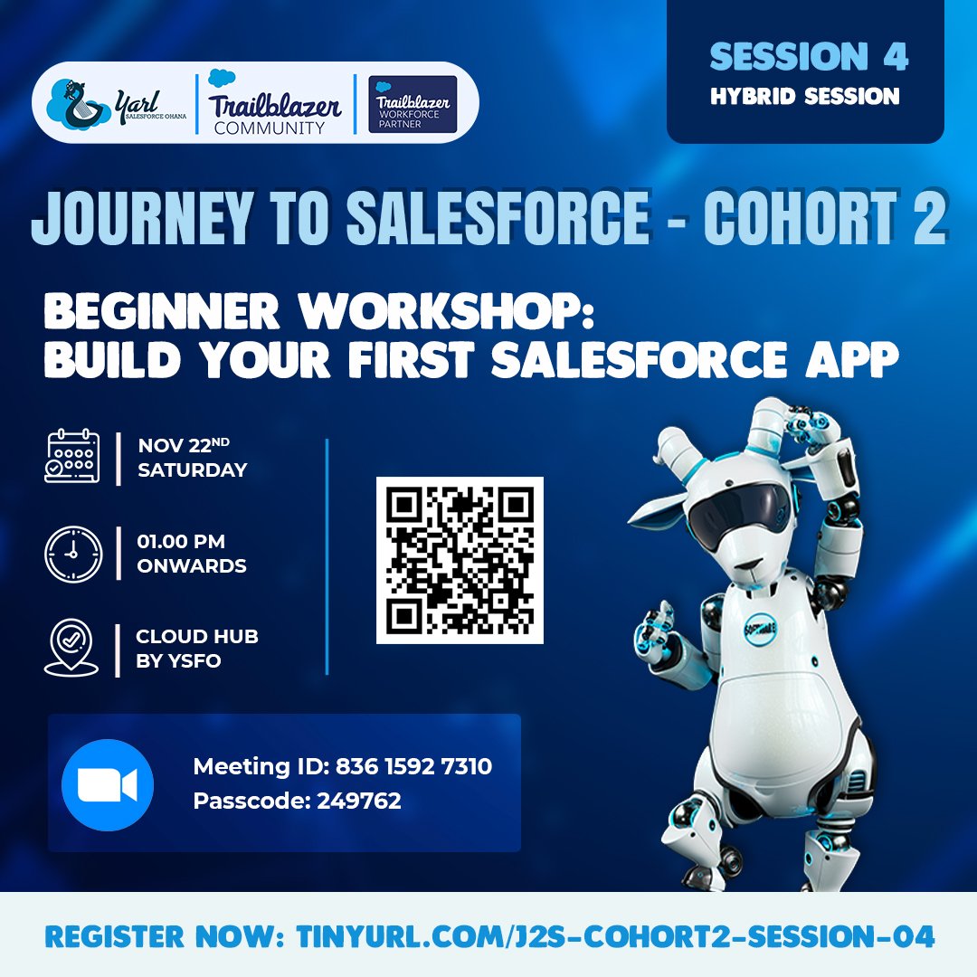 YarlSFO's tweet image. 🚀 𝐉𝐨𝐮𝐫𝐧𝐞𝐲 𝐭𝐨 𝐒𝐚𝐥𝐞𝐬𝐟𝐨𝐫𝐜𝐞 – 𝐂𝐨𝐡𝐨𝐫𝐭 𝟐 | 𝐒𝐞𝐬𝐬𝐢𝐨𝐧 𝟎𝟒!

Join us this Saturday for our next hands-on session, &quot;Beginner Workshop – Build Your First Salesforce App.&quot; A practical step-by-step session designed to help you understand app building…