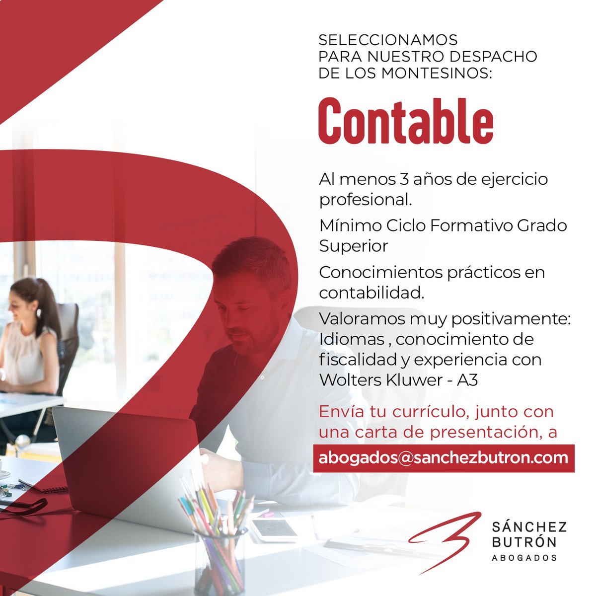 Seleccionamos para nuestro despacho de Los Montesinos:

Técnico Especialista en Contabilidad 

Mínimo de 3 años de ejercicio profesional. Conocimientos prácticos en contabilidad.

Envía tu currículo, junto con una carta de presentación, a abogados@sanchezbutron.com