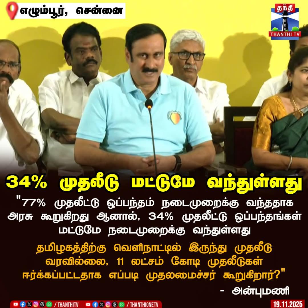 34%முதலீடு மட்டுமே வந்துள்ளது
77% முதலீட்டு ஒப்பந்தம் வந்த‌தாக அரசு கூறுகிறதுஆனால்34% முதலீட்டு ஒப்பந்தங்கள் மட்டுமே நடைமுறைக்கு வந்துள்ளது
தமிழகத்திற்கு வெளிநாட்டில் இருந்து முதலீடு வரவில்லை11 லட்சம் கோடி முதலீடுகள் ஈர்க்கப்பட்டதாக எப்படி முதல்வர் கூறுகிறார்?
#DMKFakeInvestments