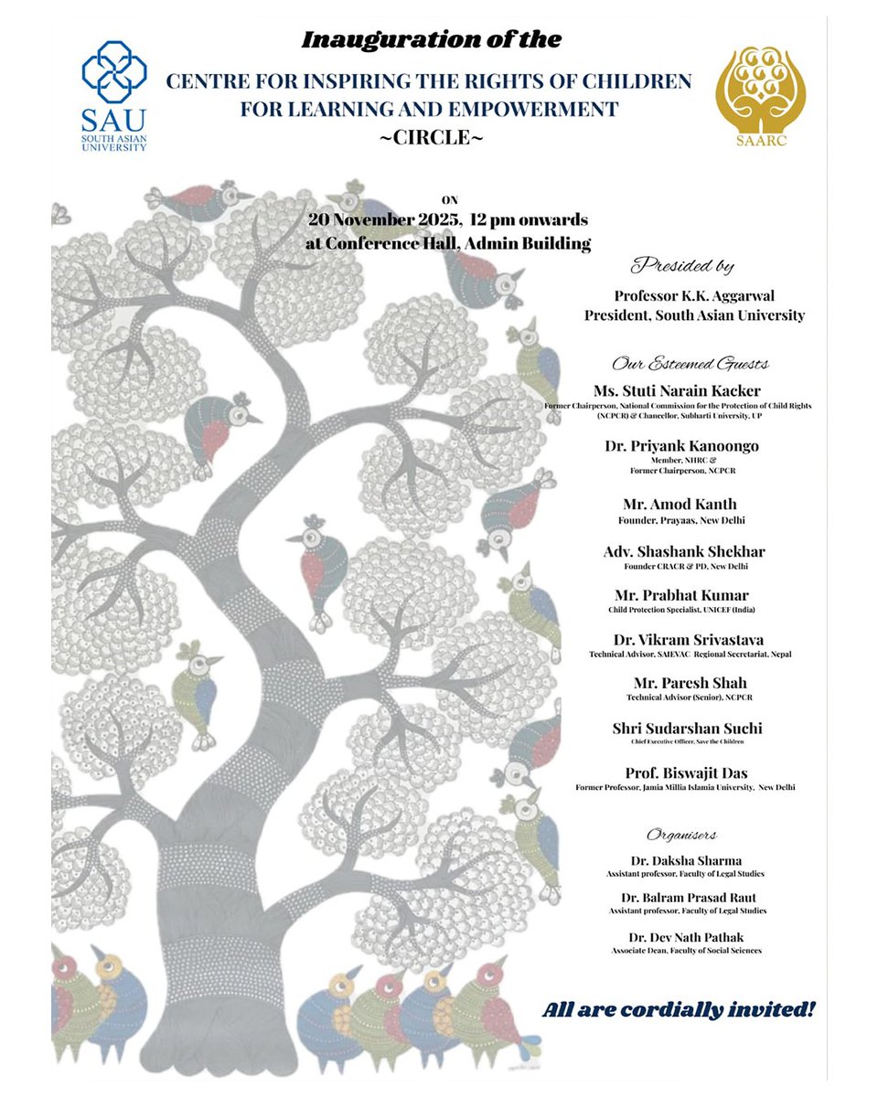 SouthAsianUni's tweet image. Faculty of Social Sciences invites all for the inauguration of CIRCLE--- a unique interdisciplinary center for promotion of child rights in South Asia.

#ChildRights #SouthAsia #InterdisciplinaryStudies #SocialSciences #YouthEmpowerment #HumanRightsEducation #CIRCLEatSAU