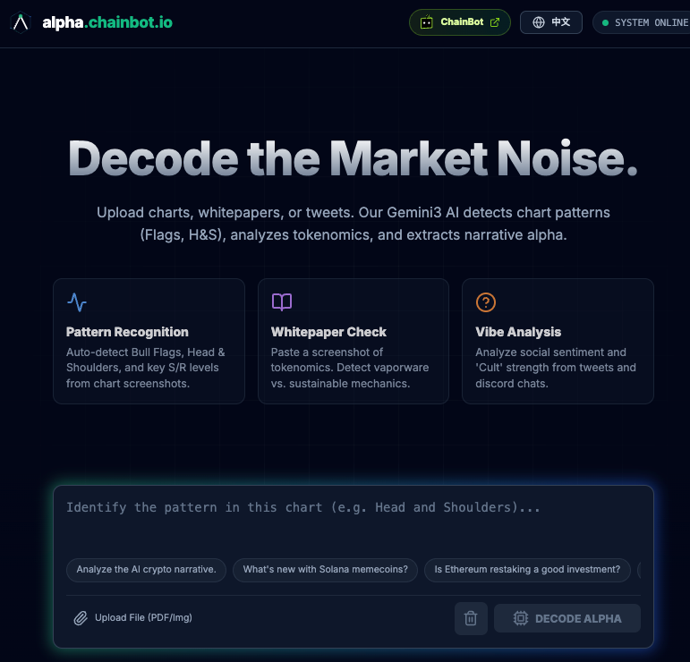 chainbot_io's tweet photo. Built an Alpha detector in just few hours using Gemini 3: https://t.co/6H2iAG7xt3 ⛏️

Your cure for "Chart Fatigue," "TL;DR Whitepapers," and "What is CT smoking today?"

✨ Features:

Auto-Chart Patterns: Flags, Head & Shoulders detected instantly. (TA for lazy people)

Key Levels: Auto-plots Support & Resistance. (Stop guessing, seriously)

Tokenomics Check: Upload any whitepaper. We tell you if it's legit tech or just vaporware. 💨

"Cult" Index: Quantifies community sentiment & consensus strength. (Find the real believers vs. bots)

Give it a spin and see if your bags are safu! 😂

#AI #Crypto #Gemini3 #Alpha #BuildInPublic