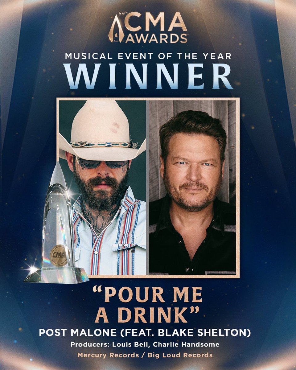 CountryMusic's tweet image. It is time to celebrate 🎉 The #CMAawards Musical Event of the Year is "Pour Me A Drink" by @PostMalone (feat. @BlakeShelton)✨⭐
