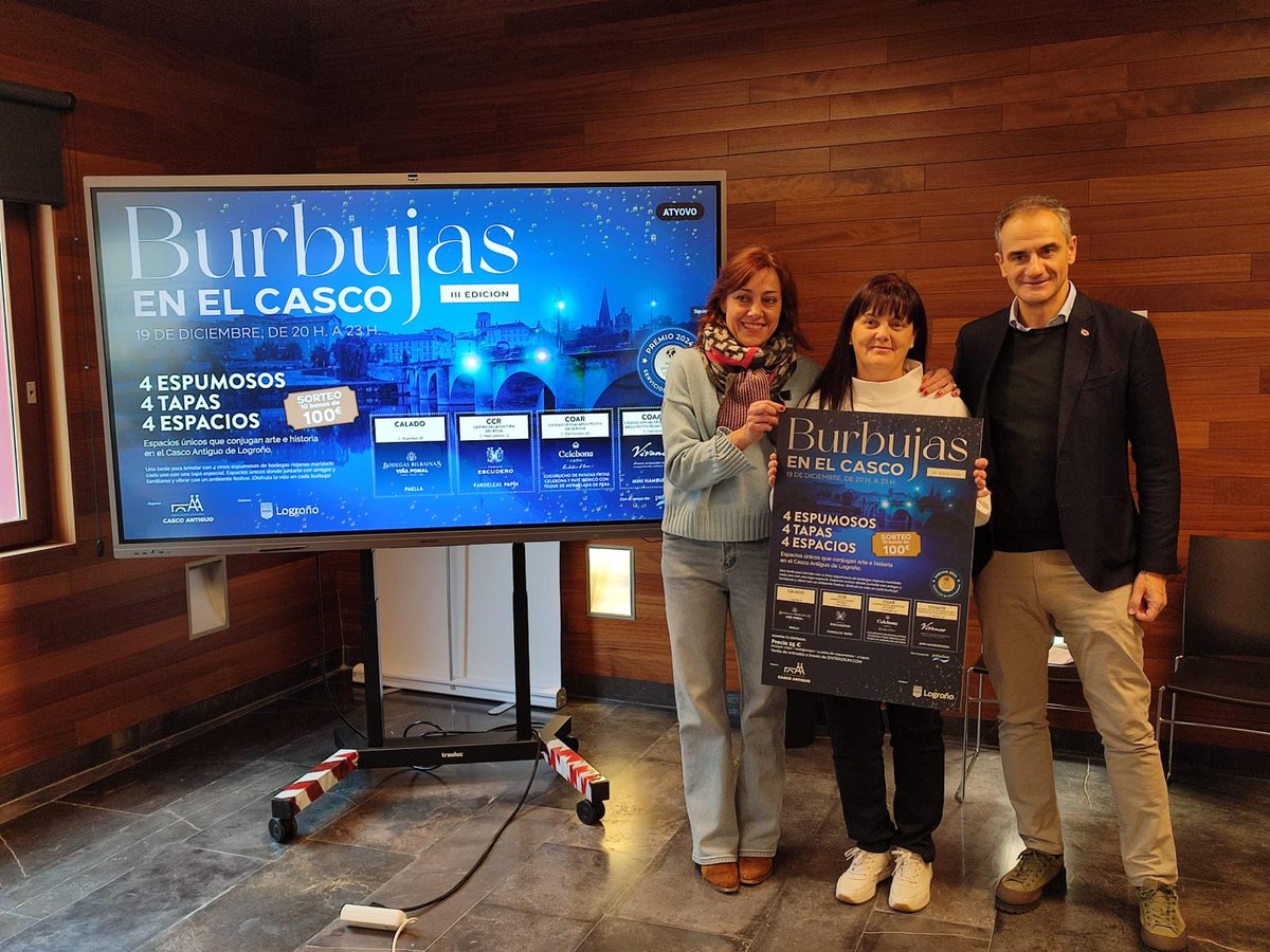 🍾| El #CascoAntiguo acogerá el 19 de diciembre una nueva edición de #BurbujasEnElCasco, que marida espumosos riojanos, gastronomía y patrimonio.

📍 <a href="/CentrodelRioja/">Centro de la cultura del Rioja</a>
📍 Palacio de Salazar
📍 Calado
📍 COAR

🔹 La actividad está organizada por la Asociación Logroño Casco Antiguo y
