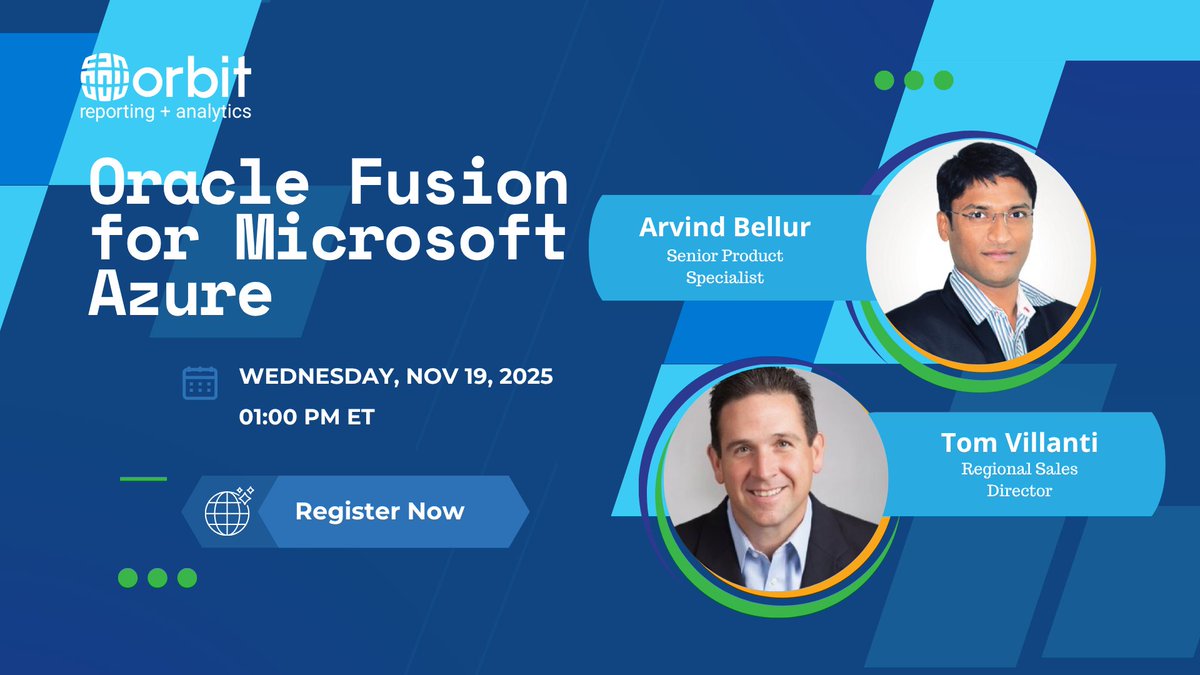 OrbitAnalytics's tweet image. Discover how to optimize #OracleFusionCloud analytics in our upcoming live masterclass with Arvind Bellur &amp;amp; Tom Villanti. Explore #Azure Synapse insights, streamline Excel reporting, &amp;amp; automate data workflows on Nov 19 at 1 PM ET. Register: hubs.la/Q03TXFYG0 #orbitanalytics