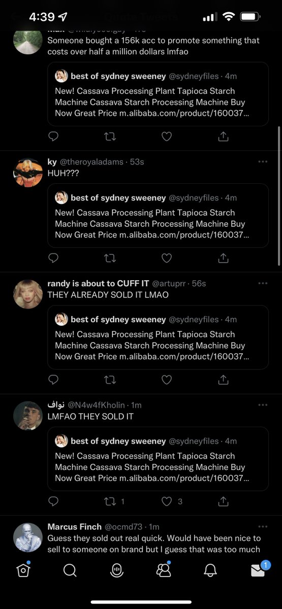 oohweehuman's tweet image. throwback to when I paid someone operating a sydney sweeney fan account $8 to promote a cassava processing plant I found on Alibaba
