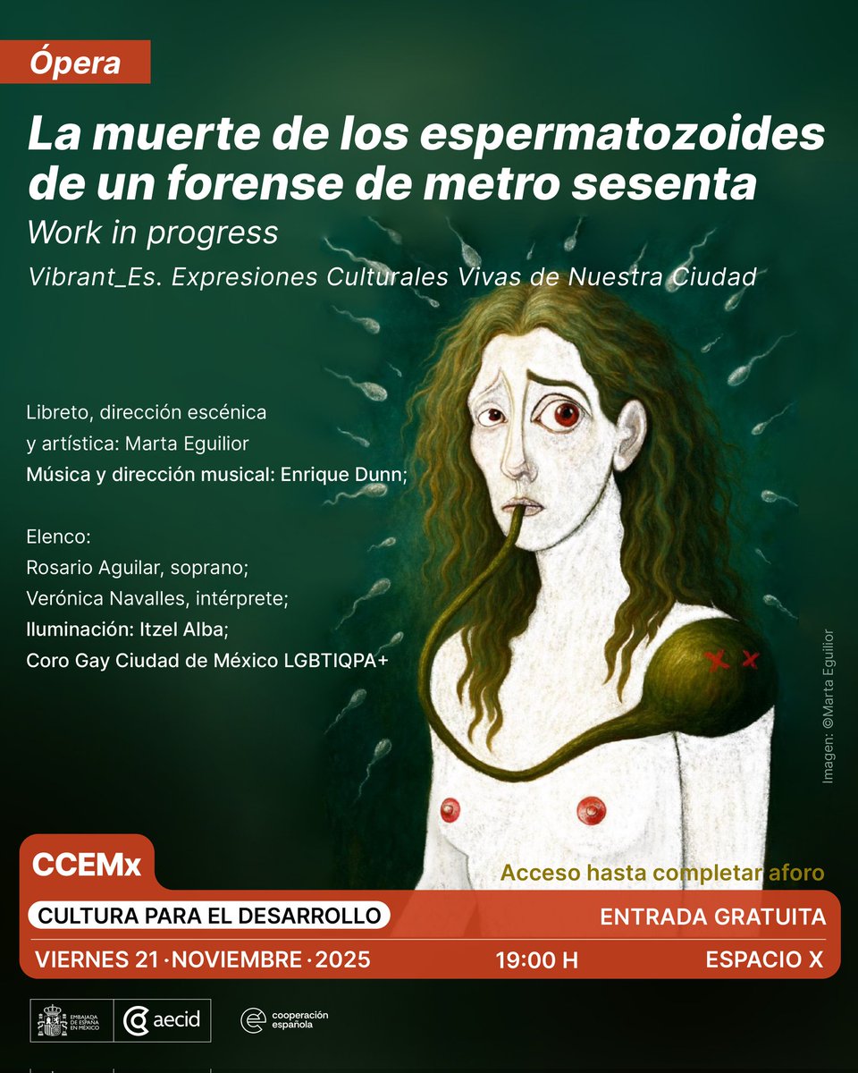 Con música de Enrique Dunn y la dramaturgia de Marta Eguilior, “La muerte de los espermatozoides de un forense de metro sesenta” es una ópera que narra la caída de una soprano que pierde la voz tras una actuación y colapsa. 

📅 Viernes 21 de nov 
📍 CCEMx, República de Guatemala