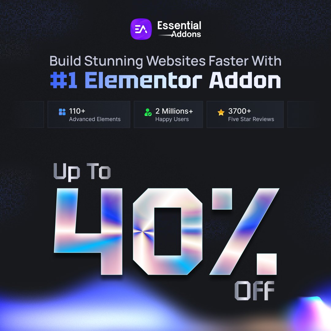 EssentialAddons's tweet image. 🛍️ BFCM Sale on Essential Addons - Up to 40% Off

#1 Elementor addon trusted by 2M+ users. Get 110+ elements &amp;amp; power up your Elementor designs.

Check comments to grab the deal. 👇

#Elementor #WordPress #BlackFriday