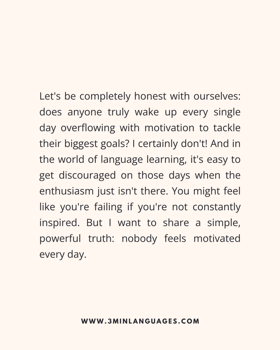 3MLanguages's tweet image. Nobody’s motivated every day.
 Discipline beats mood.
 👉 Make showing up easy: 3minlanguages.com

#3MinuteLanguages #StudyIn3 #LanguageLearning #MicroLearning #Consistency #LearnFrench #LearnSpanish #LearnGerman #LearnItalian #LearnPortuguese