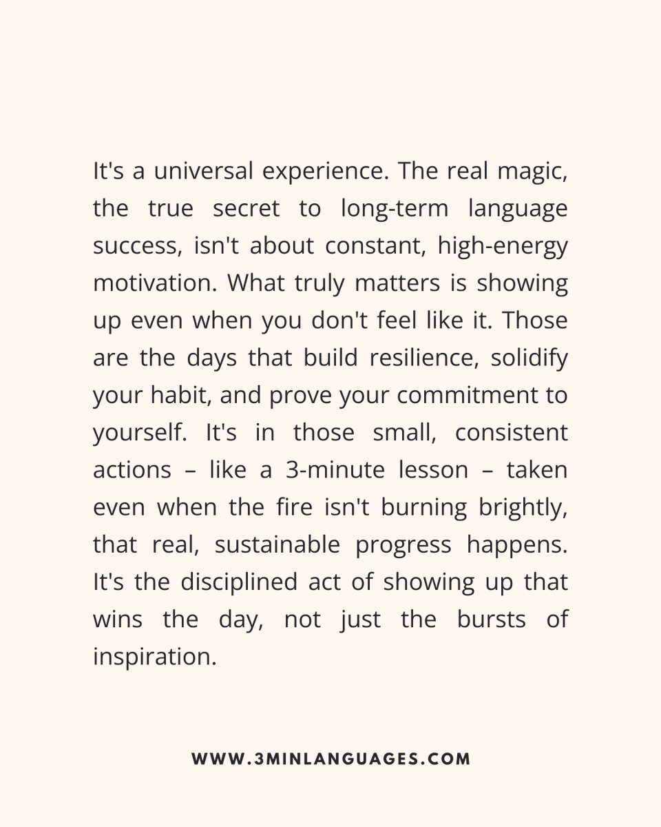 3MLanguages's tweet image. Nobody’s motivated every day.
 Discipline beats mood.
 👉 Make showing up easy: 3minlanguages.com

#3MinuteLanguages #StudyIn3 #LanguageLearning #MicroLearning #Consistency #LearnFrench #LearnSpanish #LearnGerman #LearnItalian #LearnPortuguese