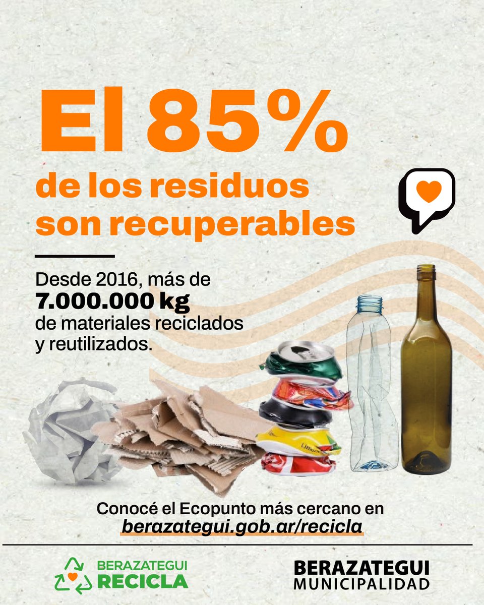 jjosemussi's tweet image. Cuidamos el ambiente con el Programa Municipal #Berazategui Recicla ♻️.

➡️ Al clasificar la basura, reducimos la contaminación, damos nueva vida a los materiales reciclables y construimos una ciudad más limpia y sostenible.