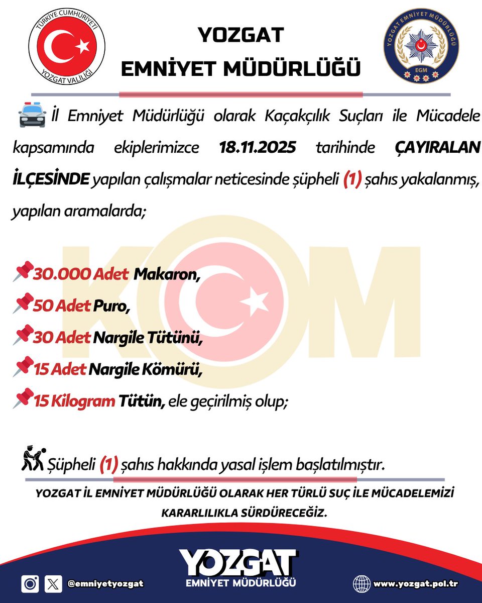 Yozgat Emniyet Müdürlüğü olarak her türlü suç ile mücadelemizi kararlılıkla sürdüreceğiz...🇹🇷

#TürkiyeninHuzuru🇹🇷
#YozgatınHuzuru🇹🇷

<a href="/KomBaskanligi/">KOM Başkanlığı</a> 
<a href="/YozgatValiligi/">T.C. Yozgat Valiliği</a>