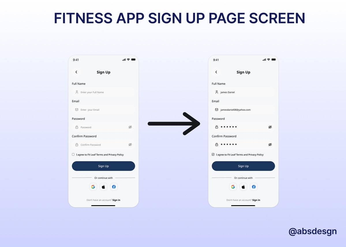 absdesgner's tweet image. A clean and intuitive sign-up page for a fitness app 💪  

Focused on clarity, simple form structure, and easy input fields to make onboarding smooth and effortless for users.  

#UIDesign #UXDesign #ProductDesign #MobileAppDesign #DesignShowcase
