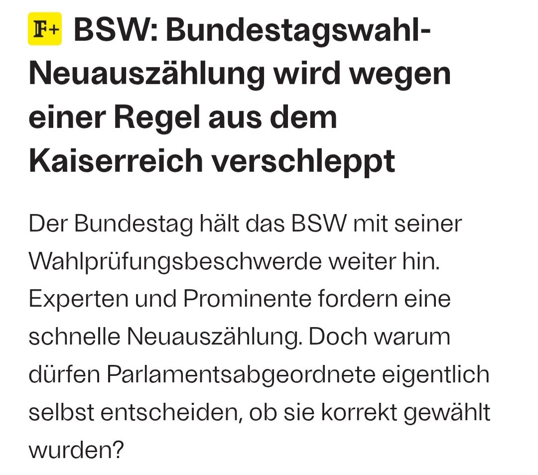 Die Entscheidung über den #Wahleinspruch des #BSW wird wegen einer Regel aus dem Kaiserreich verschleppt, deren Abschaffung bereits 1888 (!) von Rechtswissenschaftlern gefordert wurde. Interessanter Artikel im Freitag über das aberwitzige Verfahren zur #Wahlprüfung in Deutschland