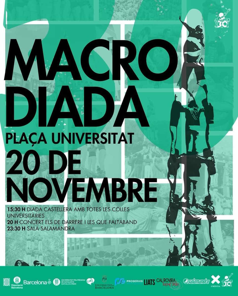 Demà és el dia, Colla!

Demà celebrem la nostra Macro Diada del 30è aniversari!💚✨

A les 15:30h, començarà la Diada a Plaça Universitat!🎓

A les 20h començaran els concerts!🕺🏻

Demà tothom a plaça i a demostrar el que podem fer si hi som tots!💚💪🏻

#castells