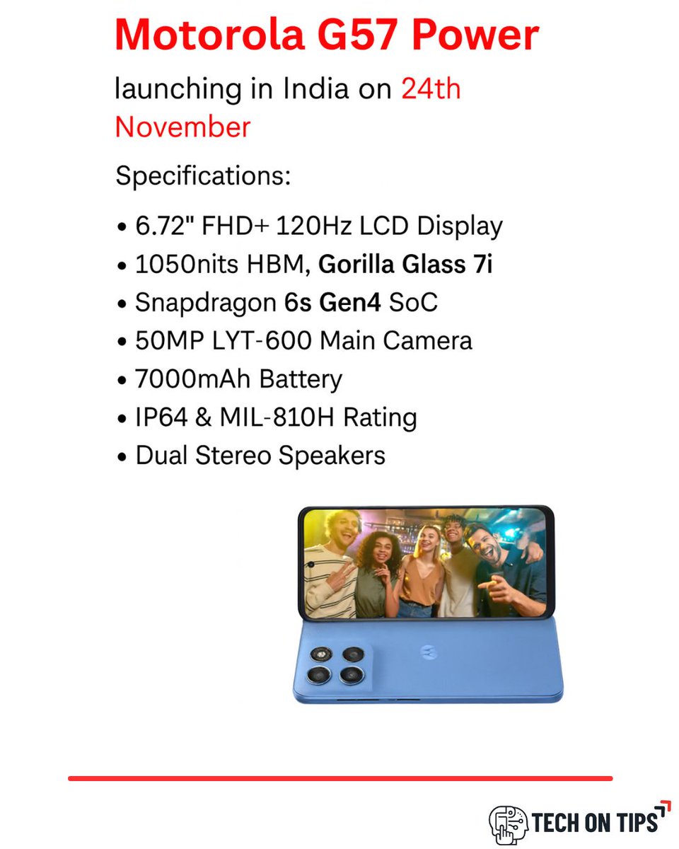 TechonTips24's tweet image. Launching on 24th November with a massive 7000mAh battery, 120Hz display, and Snapdragon 6s Gen4.
Power + performance in one solid package. 
#MotorolaG57Power #MotoG57 #MotorolaIndia #TechNews #TechLaunch #TechUpdates #SmartphoneLaunch #BudgetSmartphone #MobileNews #TechReels
