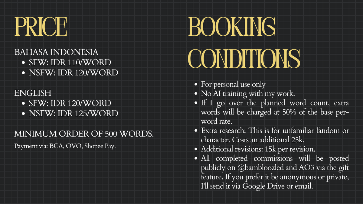 bambloozled's tweet image. OPEN WRITING COMMISSION

(RTs &amp;amp; likes are highly appreciated)

Hello! I’m opening commissions, limited to only 3 NARRATIVE FORMAT slots! Knock on my dm if you are interested!

More info: bambloozledcms.carrd.co

#commissionsopen #writingcommission #opencommissions