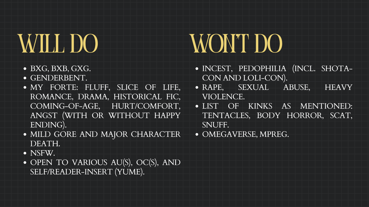 bambloozled's tweet image. OPEN WRITING COMMISSION

(RTs &amp;amp; likes are highly appreciated)

Hello! I’m opening commissions, limited to only 3 NARRATIVE FORMAT slots! Knock on my dm if you are interested!

More info: bambloozledcms.carrd.co

#commissionsopen #writingcommission #opencommissions