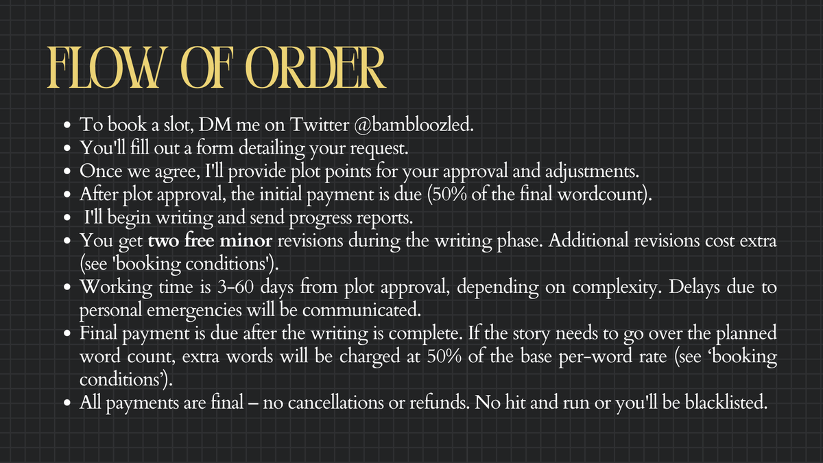 bambloozled's tweet image. OPEN WRITING COMMISSION

(RTs &amp;amp; likes are highly appreciated)

Hello! I’m opening commissions, limited to only 3 NARRATIVE FORMAT slots! Knock on my dm if you are interested!

More info: bambloozledcms.carrd.co

#commissionsopen #writingcommission #opencommissions