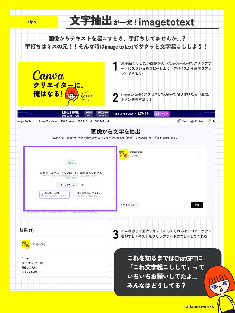 ちょっと最近見つけた「ちょっとした文字起こし」にいいサイトをご紹介させてくださいよ…
今まではChatGPTに画像を投げてすぐに「今日の制限に達しました（無課金勢）」って言われてたの。
このimage to textの使用感が良すぎて日々感謝しています。みんなは何使ってるの？
