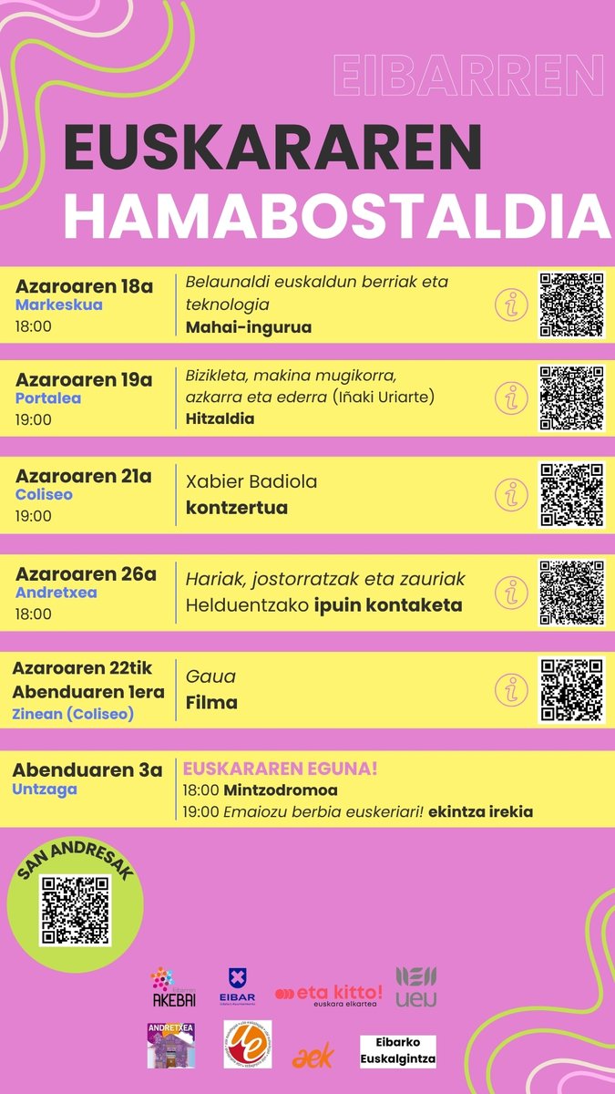 2025eko Euskararen Hamabostaldiaren egitaraua! 🙂‍↕️

Euskararen eguna hurbiltzen ari den honekin, hainbat motatako ekintza eta hitzordu bildu ditugu bertan 🤝

Xehetasun gehiago nahi izanez gero, jo esteka honetara: labur.eus/hamabostaldia2…

Animatu zaitezte parte hartzera! 🥳