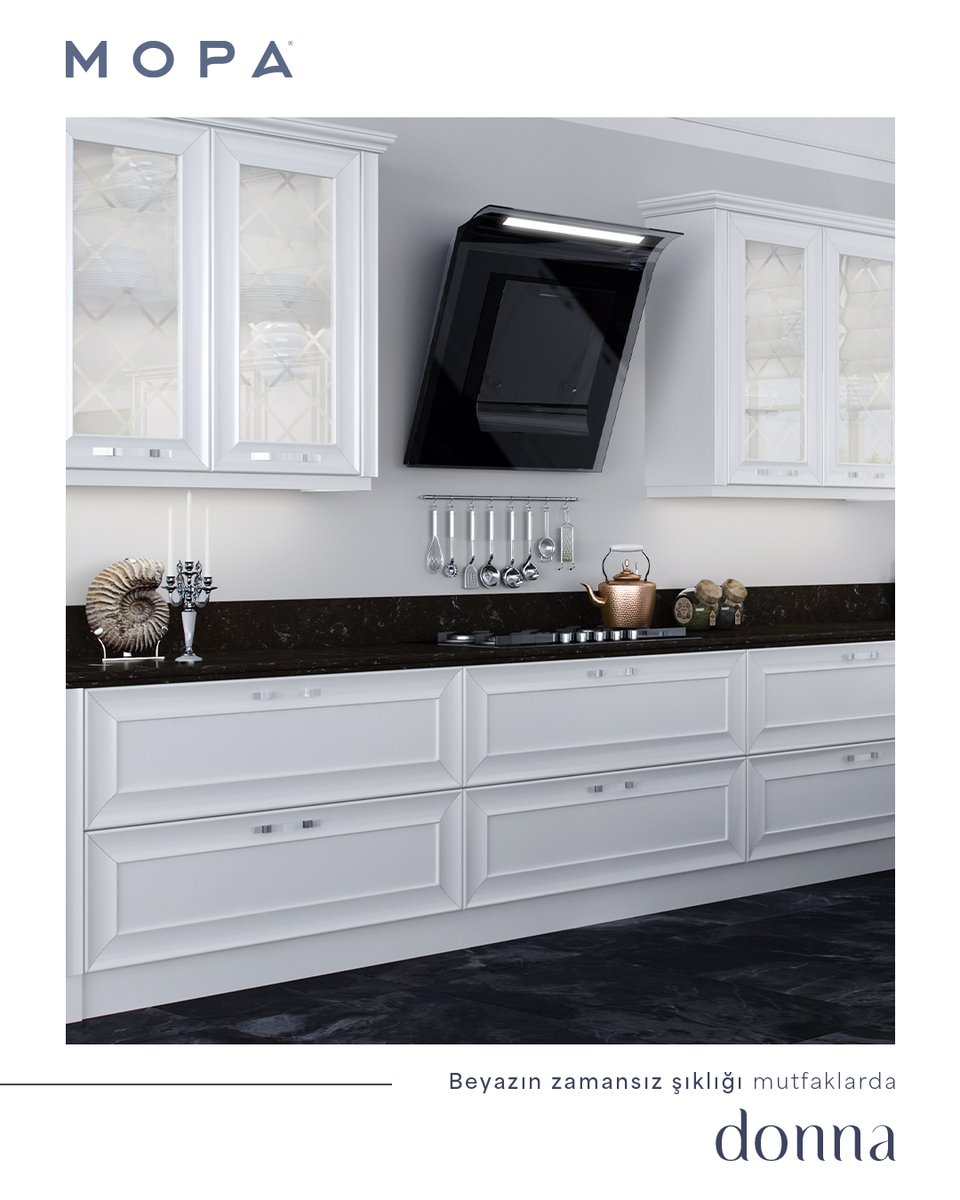 Donna, mutfaklarda en çok tercih edilen beyaz rengin zarafetinden ilham alır.
Kumlu camdan üretilen baklava desenli kapakları ve şeffaf kulp detaylarıyla şıklığı ön plana çıkarır.

#Mopa #MopaMutfak