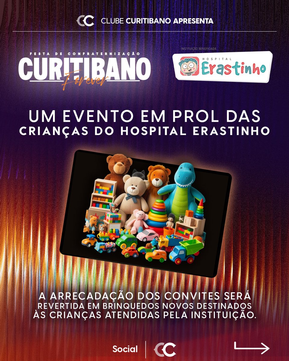 cc_oficial's tweet image. 29 de novembro acontece o “Curitibano Forever” no Salão Rubens Arles Bettega, às 20h, com Os Resinaldos na abertura e show da banda Blindagem. Convites no Serviços Online. A renda será revertida em brinquedos para o Hospital Erastinho.

➡️clubecuritibano.com.br/post/29-de-nov…