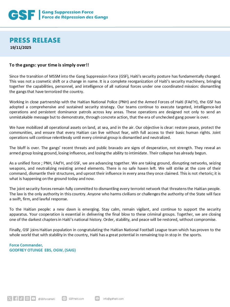 GSForceHaiti's tweet image. Since the transition of MSSM into the Gang Suppression Force (GSF), Haiti’s security posture has fundamentally changed. This was not a cosmetic shift or a change in name. It is a complete reorganization of Haiti’s security machinery, bringing together the capabilities, personnel,…