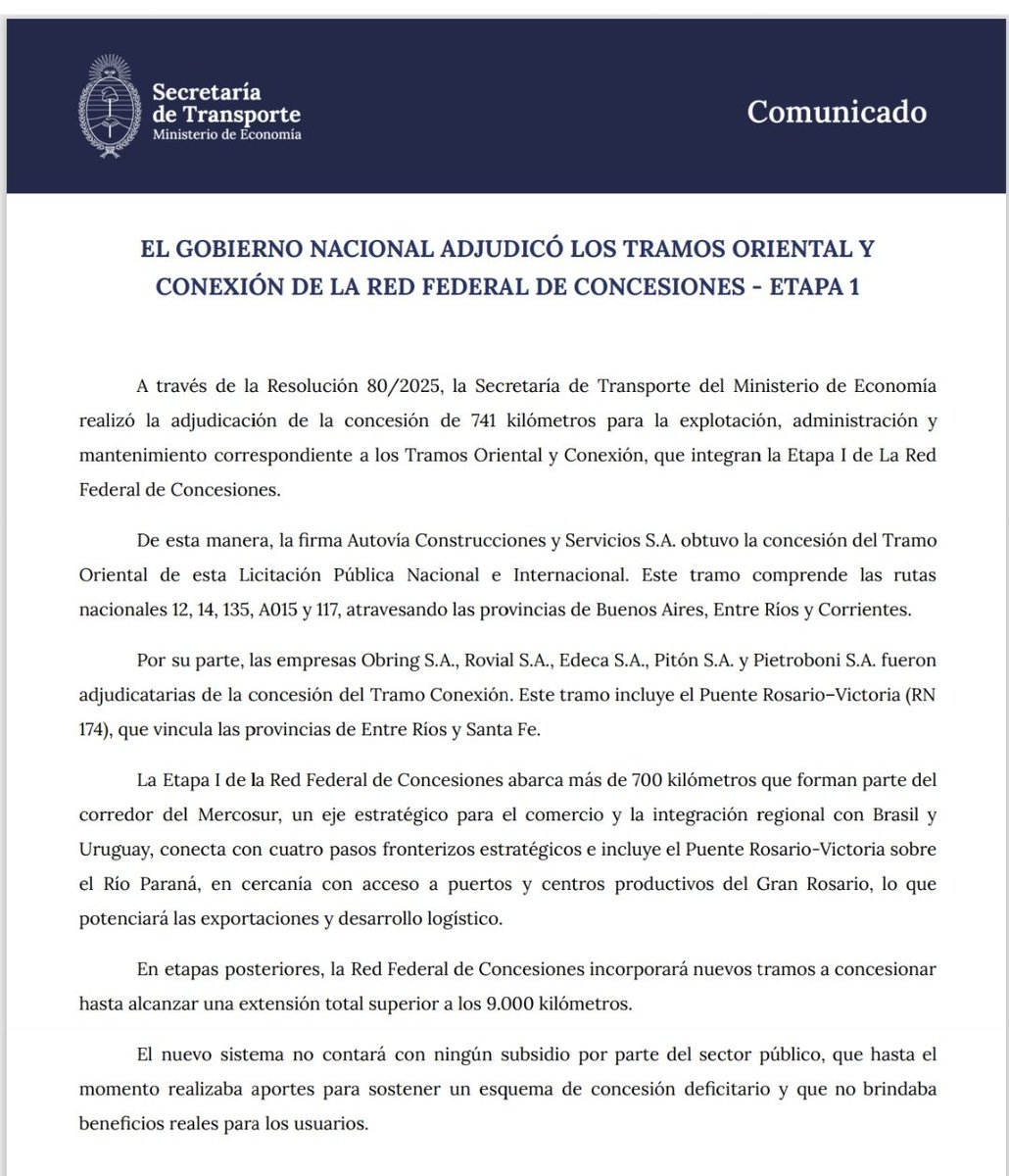 El Gobierno Nacional adjudicó los tramos de la Red Federal de Conceciones, etapa que comprende al sur de la provincia de #SantaFe .