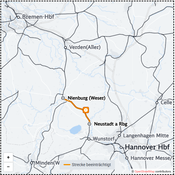#RE1 #RE8 #RegioNDS #Hannover #Bremen: Zwischen #Neustadt am Rübenberge und #Nienburg(Weser) befinden sich Gegenstände auf der Strecke. In der Folge kommt es wahrscheinlich zu Verspätungen und Teilausfällen. Bitte überprüfen Sie Ihre Reiseverbindung vor Abfahrt des Zuges.