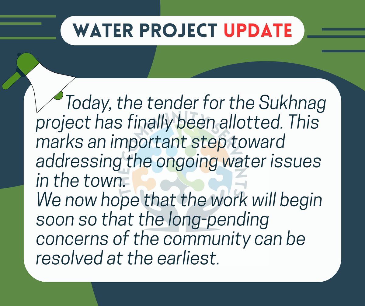 acc_tcs's tweet image. The tender for the Sukhnag Water Project has finally been allotted today.
A major step toward resolving our long-pending water issues.
We now hope the work begins soon so the community can get timely relief.

#TheCommunityServants #SukhnagProject #WaterIssues #PublicWelfare