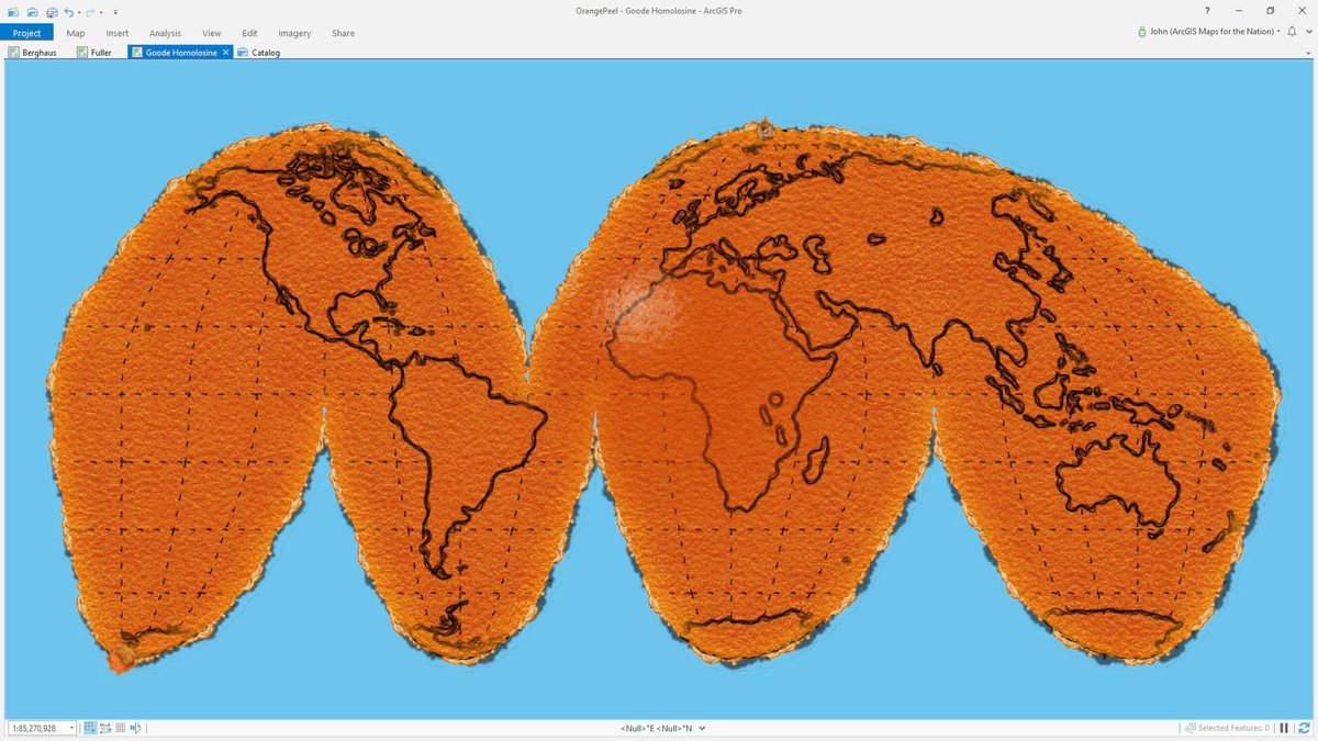 John_M_Nelson's tweet image. Download this Earth-peel project for ArcGIS Pro and really lean into that peeled orange map-projection illustration. Orange-ify any projection. esri.com/arcgis-blog/pr…