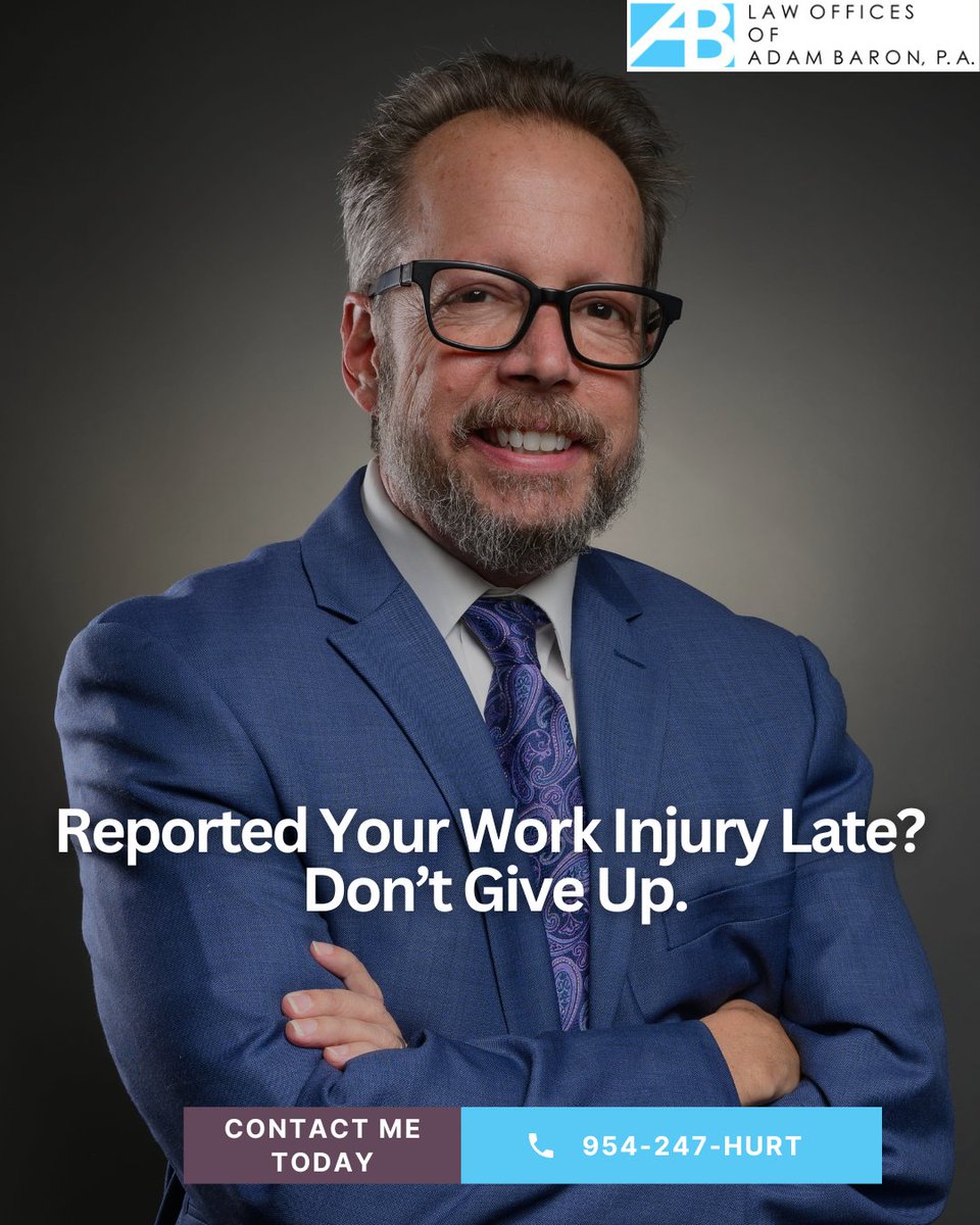 AdamBaronLaw's tweet image. Reported your work injury late? Don’t give up. You still have steps to take and rights to protect.

Call 954-247-HURT to talk to Adam Baron today.
#WorkersComp #FloridaLawyer #InjuryAttorney