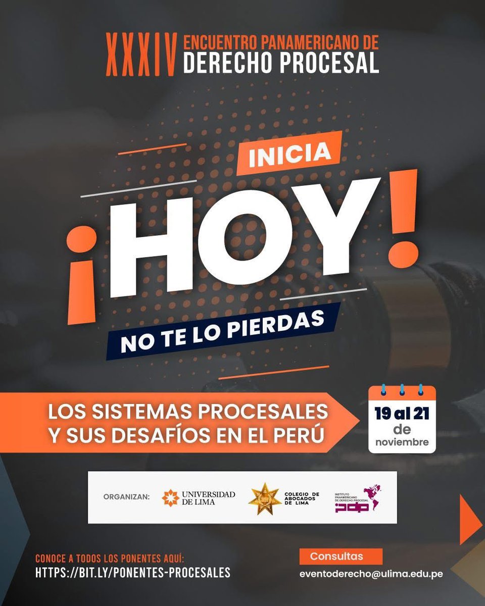 CALPERUOFICIAL's tweet image. 🎉 ¡INICIA HOY! XXXIV ENCUENTRO PANAMERICANO DE DERECHO PROCESAL

¡El evento académico más importante del Derecho Procesal en Iberoamérica comienza HOY, 19 de noviembre!

No te pierdas este evento académico internacional que reunirá a juristas de Perú, Latinoamérica y España para…