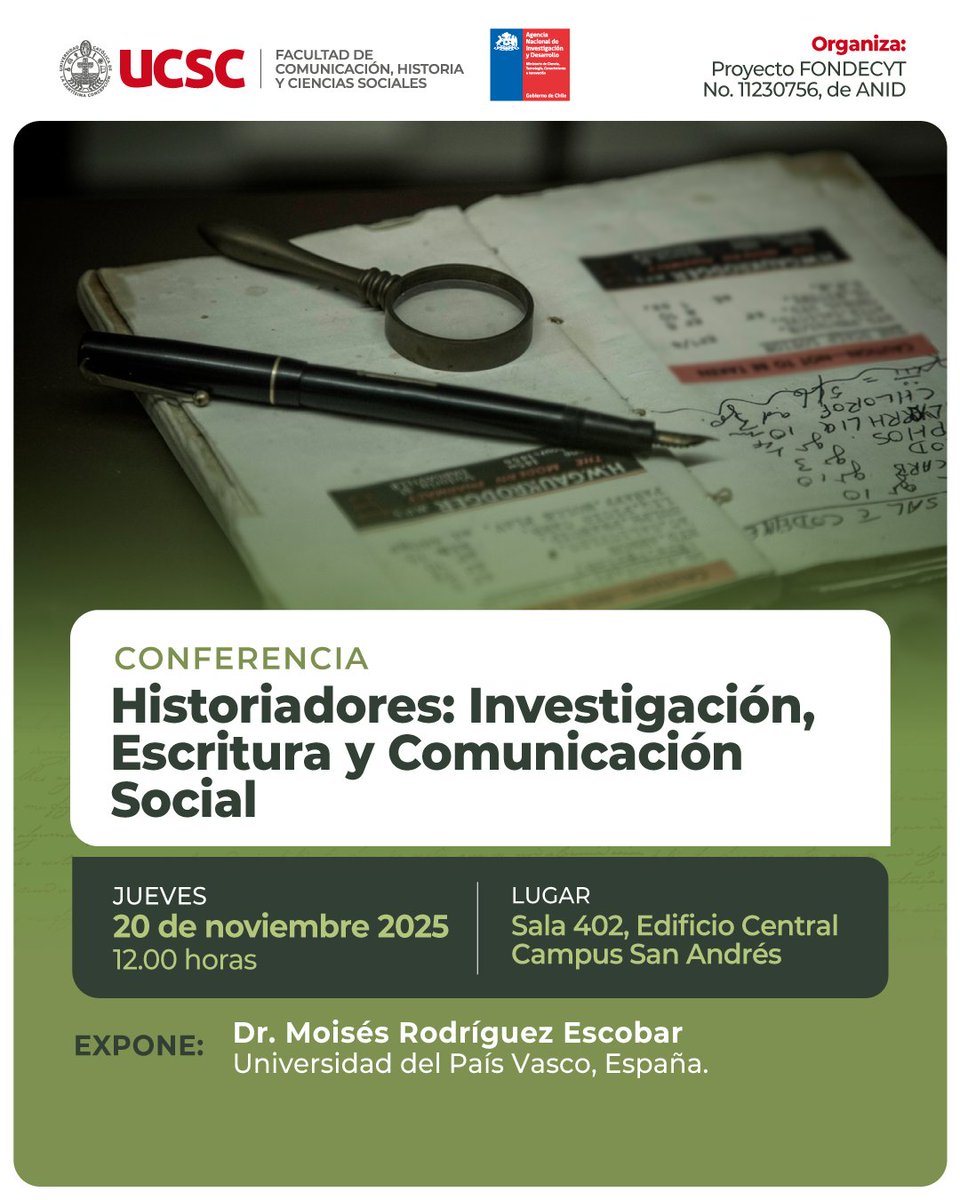 FroilanRamosR's tweet image. Comparto una cordial invitación a la #ClaseMagistral del Dr. Moisés Rodríguez Escobar de la @upvehu en la @ucscconcepcion mañana jueves 20 de noviembre, 12:00 ¡Nos vemos! @ANID_Chile #ANID #Fondecyt #Historia