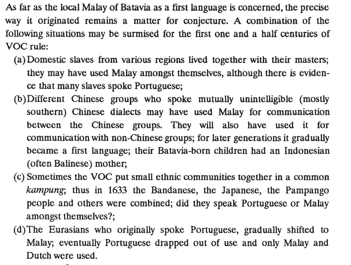 ArvydasNav's tweet image. Bukan begini. 

Justru, orang-orang Tionghoa yang berbondong-bondong datang ke Betawi inilah yang menjadi salah satu faktor kuatnya bahasa Melayu Pasar di Betawi (yang nantinya menjadi bahasa Betawi). Awalnya, di Kota Betawi itu bahasa lingua franca-nya adalah bahasa Portugis…