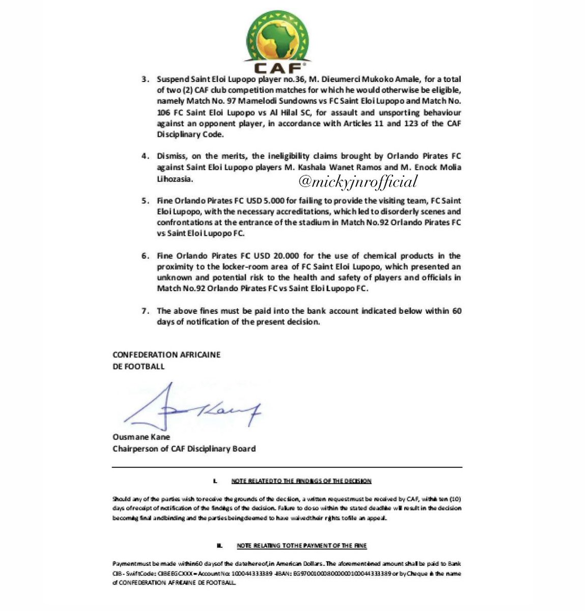 This is the official CAF decision regarding Orlando Pirates and St Eloi Lupopo. 🚨🇿🇦🇨🇩

#CAFCLwithMicky
#AfricanFootball