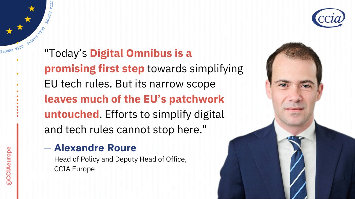 CCIAeurope's tweet image. Press release 📄 #Simplification of EU Tech Rules Requires Bolder Action ⚡ 

@AlexRoure: &quot;Today’s Digital #Omnibus is a promising first step. But its narrow scope leaves much of the EU’s patchwork untouched.&quot; 

👉 ccianet.org/news/2025/11/d… #UnlockEUInnovation