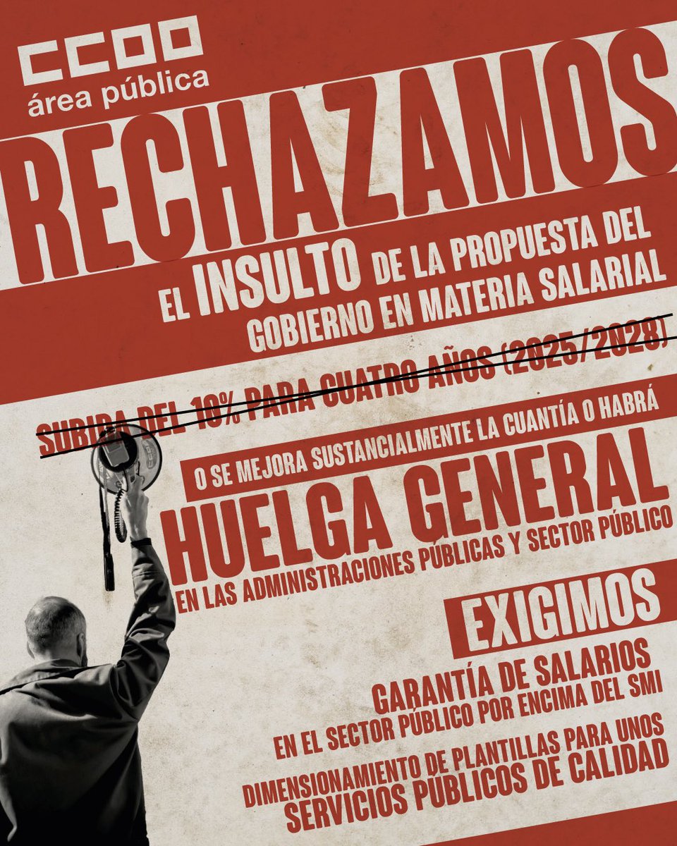➡️ Nuestro objetivo es conseguir mejoras salariales y laborales para el personal público

❌ La oferta de subida salarial de un 10 % en 4 años para las personas empleadas públicas es inaceptable

x.com/fssccoo/status…

✨ Porque #SinTiNoFunciona