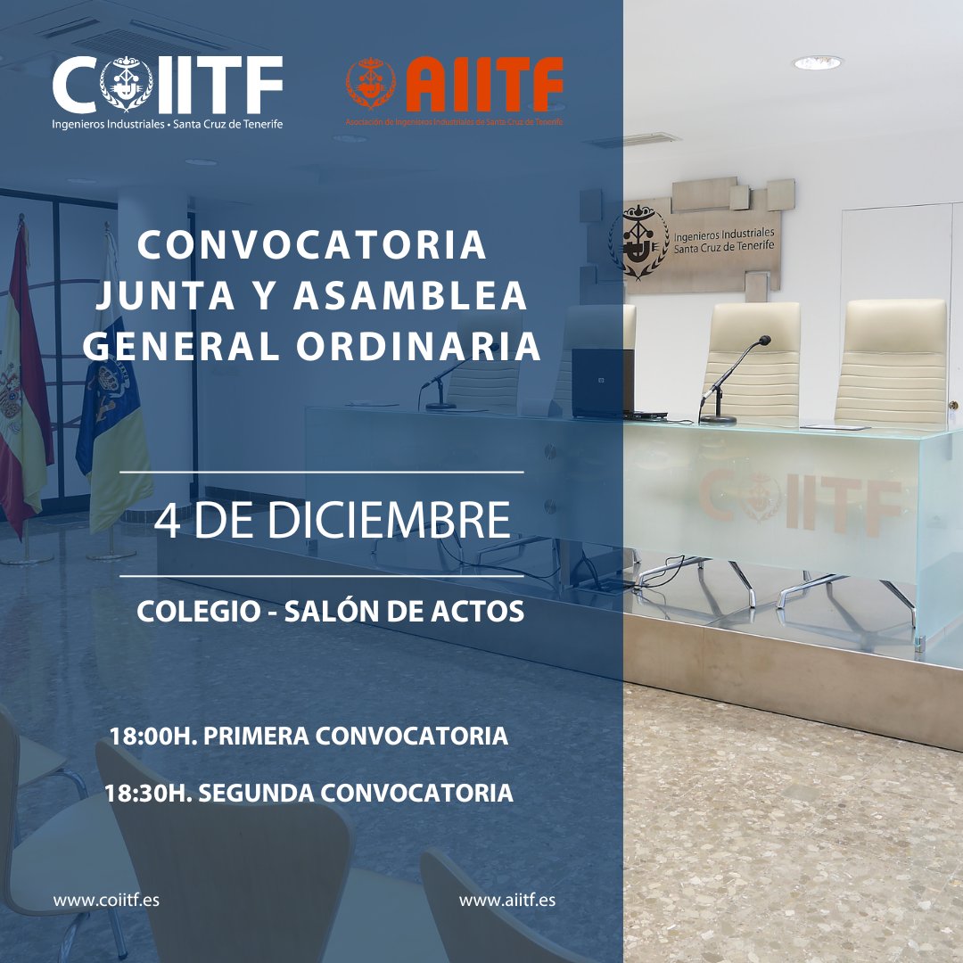 📅 El próximo 4 de diciembre tendrá lugar la Junta y Asamblea General Ordinaria del Colegio y de la Asociación en el salón de actos del Colegio.

➡ A partir de las 18:00 horas.