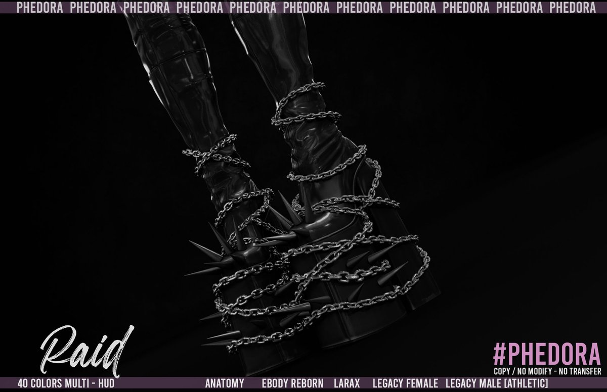 "Raid" Boots Available at SABBATH Event💜
"Raid" boots bring the chains, the spikes &amp; a 40-color fatpack and Rigged for Anatomy, Ebody Reborn, LaraX, and Legacy F &amp; M (Athletic). Summoning at Sabbath on the 21st. Proceed responsibly (you won’t).
❥ LM : maps.secondlife.com/secondlife/SAB…