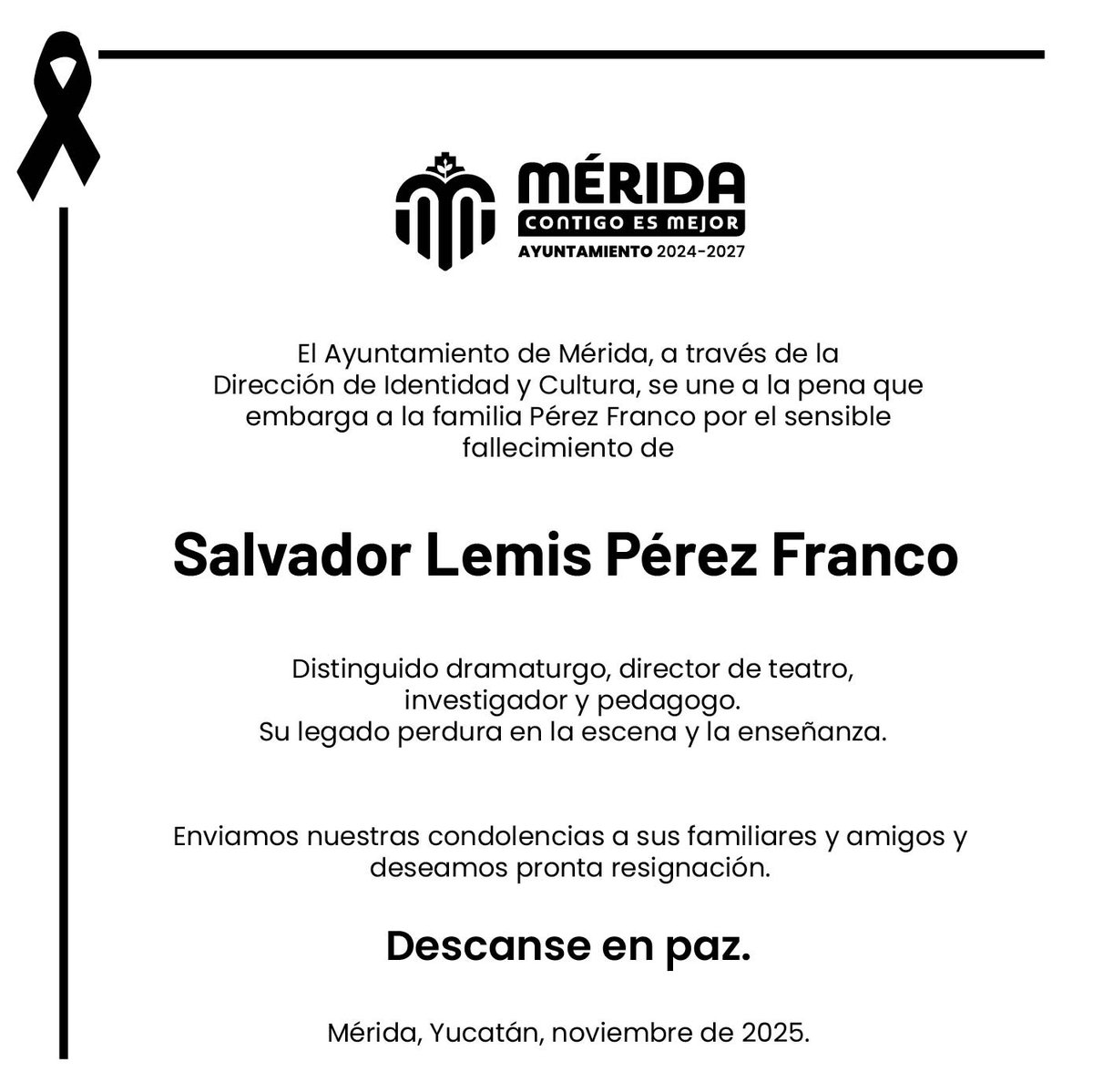 ✝️Desde la Dirección de Identidad y Cultura, lamentamos el sensible fallecimiento del dramaturgo y poeta Salvador Lemis Pérez Franco quien nos deja una prolífica obra dramatúrgica en la escena y la enseñanza. Descanse en paz.