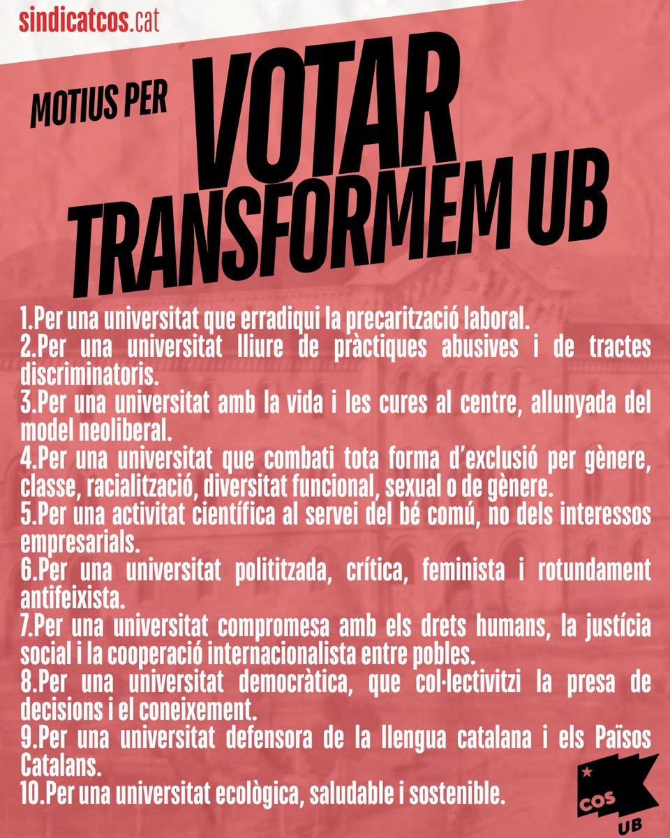 La candidatura <a href="/TransformemUB/">TransFormem UB</a>
formada per <a href="/DocsLluitaUB/">Doctorandes en Lluita UB</a>, <a href="/COS_UB/">COS UB</a>, <a href="/cgt_ub/">CGT UB</a> es presenta novament a les eleccions del CE del PDI de la Universitat de Barcelona. Més de 80 persones amb un compromís ferm de defensar la universitat pública i de posar fi a la precarietat laboral!✊🏽📥