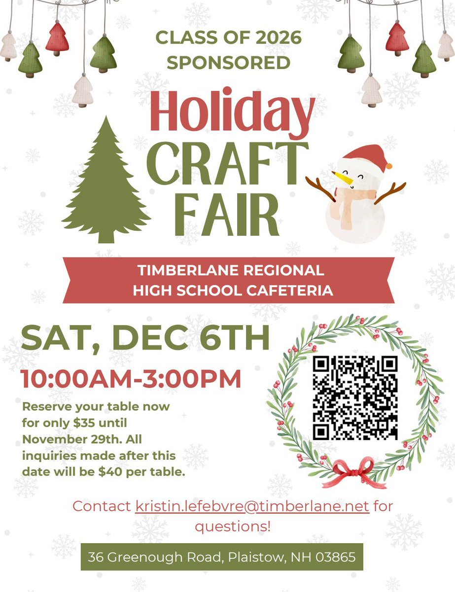 "The Senior Class of 2026 is excited to put on their fourth annual craft fair this year, this time, in the month of December! Join them Saturday, December 6th from 10:00am-3:00pm, and scan the QR code to reserve your table now!