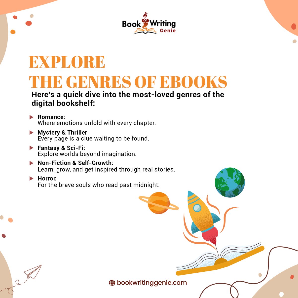 writewithgenie's tweet photo. Every ebook has a world of its own which genre speaks to you?                                               
📚 Discover the stories that shape imagination and inspire creation.
👉 Tell us which genre do you love most?
#bookwritinggenie #ghostwriting #ebookwriting #proofreading https://t.co/ZD8NAhUnQa